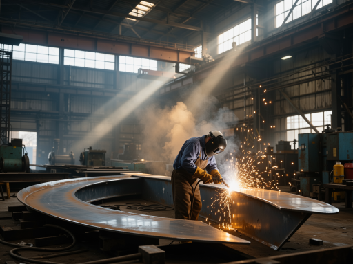 Metal fabrication assembly, structural steel components, welding joints, industrial workshop environment