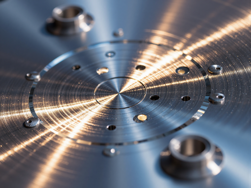 Close-up of precision machined metal parts, detailed components, metallic surface, bright workshop lighting