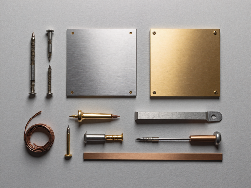 Various metal alloy samples, different finishes and textures, organized display, workshop lighting