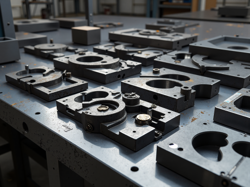 Precision tooling fixture, detailed mechanical part, metallic finish, workshop background